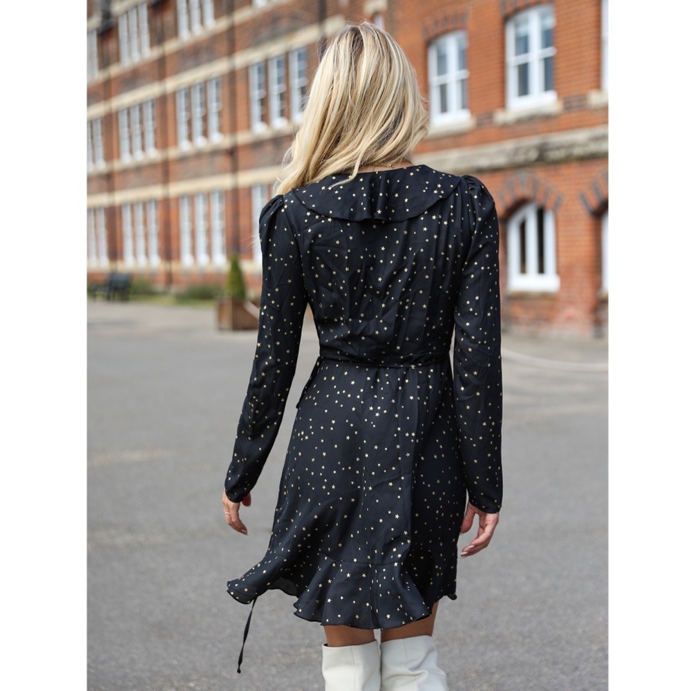 Star Print Ruffle Detail V-Neck Wrap Mini Dress - Picture 3 of 7